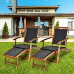 Costway Sedia a sdraio da giardino con struttura in legno massello, Poltrona da esterno con poggiapiedi telescopico schienale ergonomico - immagine 4