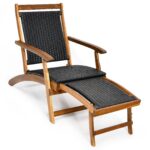 Costway Sedia a sdraio da giardino con struttura in legno massello, Poltrona da esterno con poggiapiedi telescopico schienale ergonomico - immagine 5