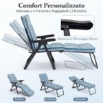 Costway Sedia a sdraio pieghevole con cuscino morbido portata 150 kg, Lettino prendisole da esterno con schienale e poggiapiedi regolabili Blu - immagine 7