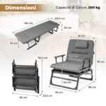 Costway Sedia a sdraio pieghevole con schienale reclinabile 6 posizioni e poggiatesta ergonomico, Letto da esterno con struttura in metallo 185 x 60,5 x 38 cm - immagine 6