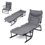 Costway Sedia a sdraio pieghevole con schienale reclinabile 6 posizioni e poggiatesta ergonomico, Letto da esterno con struttura in metallo 180 x 66,5 x 38 cm