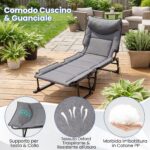 Costway Sedia a sdraio pieghevole con schienale reclinabile 6 posizioni e poggiatesta ergonomico, Letto da esterno con struttura in metallo 180 x 66,5 x 38 cm - immagine 9