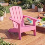 Costway Sedia adirondack per bambini in plastica resistente alle intemperie, Poltrona da giardino con schienale a doghe inclinato Rosa - immagine 4