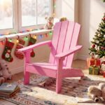 Costway Sedia adirondack per bambini in plastica resistente alle intemperie, Poltrona da giardino con schienale a doghe inclinato Rosa - immagine 3