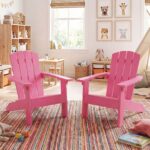 Costway Sedia adirondack per bambini in plastica resistente alle intemperie, Poltrona da giardino con schienale a doghe inclinato Rosa - immagine 2