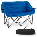 Costway Sedia da campeggio per 2 persone con 2 portabicchiere tasche a rete e borsa da trasporto, Sedia pieghevole da esterno portata 300 kg Blu - immagine 5