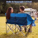 Costway Sedia da campeggio per 2 persone con 2 portabicchiere tasche a rete e borsa da trasporto, Sedia pieghevole da esterno portata 300 kg Blu - immagine 11