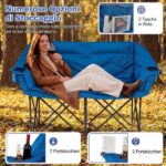 Costway Sedia da campeggio per 2 persone con 2 portabicchiere tasche a rete e borsa da trasporto, Sedia pieghevole da esterno portata 300 kg Blu - immagine 10