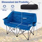Costway Sedia da campeggio per 2 persone con 2 portabicchiere tasche a rete e borsa da trasporto, Sedia pieghevole da esterno portata 300 kg Blu - immagine 6