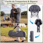 Costway Sedia da campeggio pieghevole con braccioli portabicchieri e borsa da trasporto, Sedia da pesca portatile poltrona imbottita Grigio - immagine 11