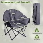 Costway Sedia da campeggio pieghevole con braccioli portabicchieri e borsa da trasporto, Sedia da pesca portatile poltrona imbottita Grigio - immagine 7