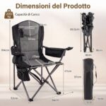Costway Sedia da campeggio pieghevole con portacellulare borsa ghiaccio e tasca, Sedia da esterno struttura in metallo per pesca e spiaggia Nero - immagine 5