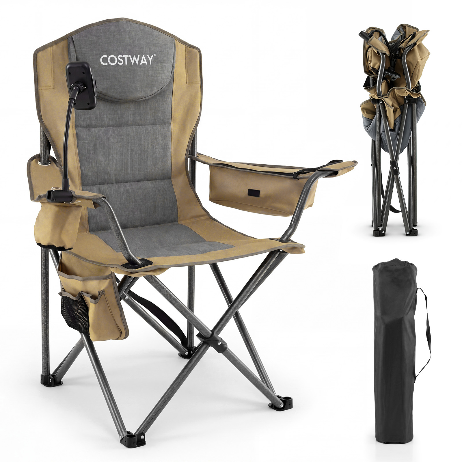 Sedia-da-campeggio-pieghevole-con-portacellulare-borsa-ghiaccio-e-tasca-mediaId105154361-1783394527.jpg Costway Sedia da campeggio pieghevole con portacellulare borsa ghiaccio e tasca, Sedia da esterno struttura in metallo per pesca e spiaggia Verde - immagine 1
