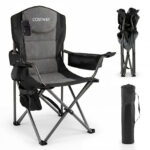 Costway Sedia da campeggio pieghevole con portacellulare borsa ghiaccio e tasca, Sedia da esterno struttura in metallo per pesca e spiaggia Nero