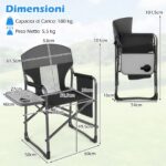 Costway Sedia da campeggio pieghevole con tavolino laterale portabicchieri e tasca portaoggetti, Sedia da regista portata 158 kg Nero - immagine 7