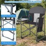 Costway Sedia da campeggio pieghevole con tavolino laterale portabicchieri e tasca portaoggetti, Sedia da regista portata 158 kg Nero - immagine 10