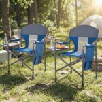 Costway Sedia da campeggio pieghevole con tavolino laterale portabicchieri e tasca portaoggetti, Sedia da regista portata 158 kg Blu Navy - immagine 3