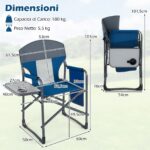 Costway Sedia da campeggio pieghevole con tavolino laterale portabicchieri e tasca portaoggetti, Sedia da regista portata 158 kg Blu Navy - immagine 7