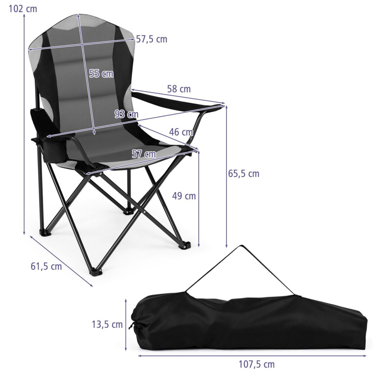 Costway Sedia da campeggio pieghevole metallo seduta ampia schienale alto, Regista portabicchiere borsa 150kg sport pesca picnic Nero 1 Pezzo - immagine 4
