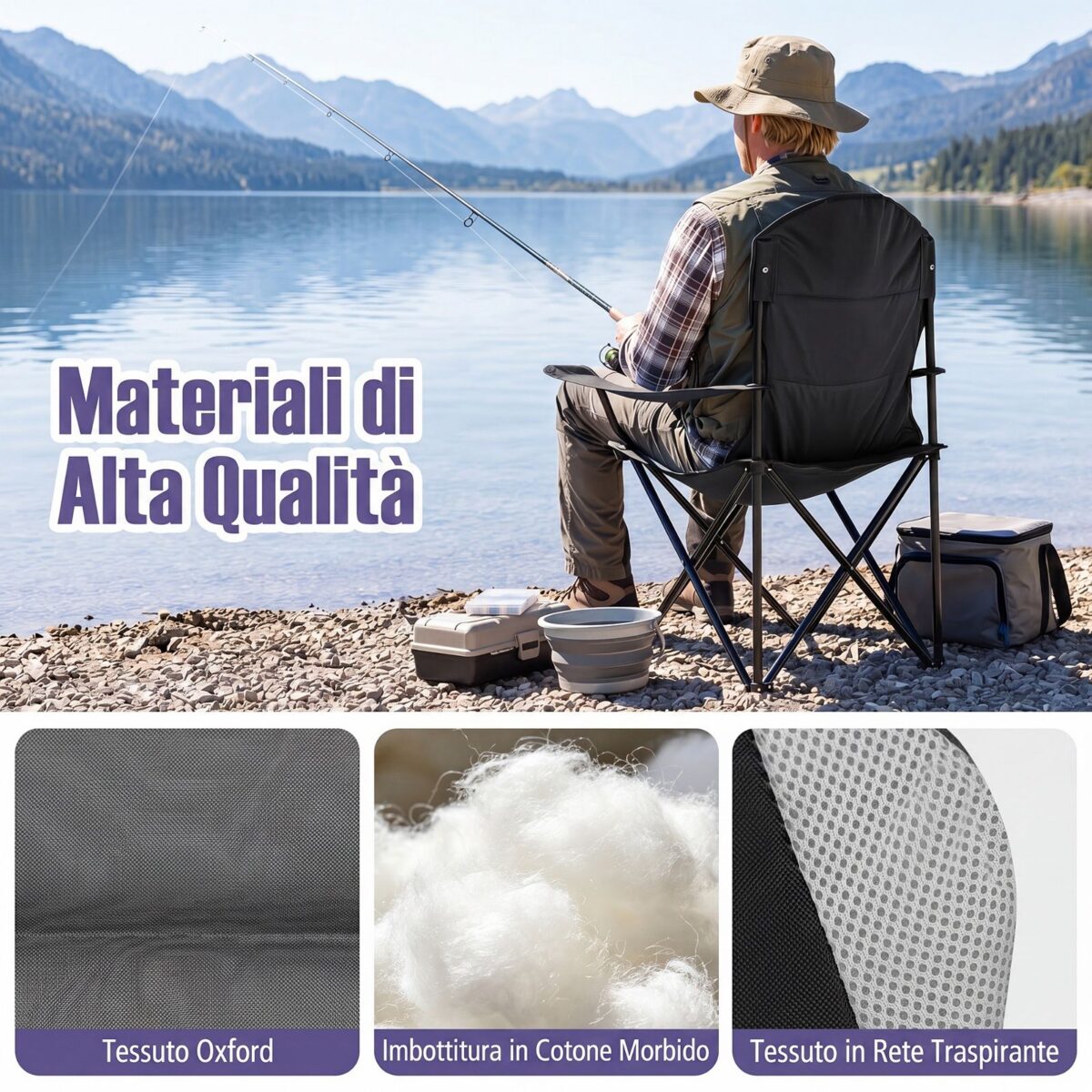Costway Sedia da campeggio pieghevole metallo seduta ampia schienale alto, Regista portabicchiere borsa 150kg sport pesca picnic Nero 1 Pezzo - immagine 5