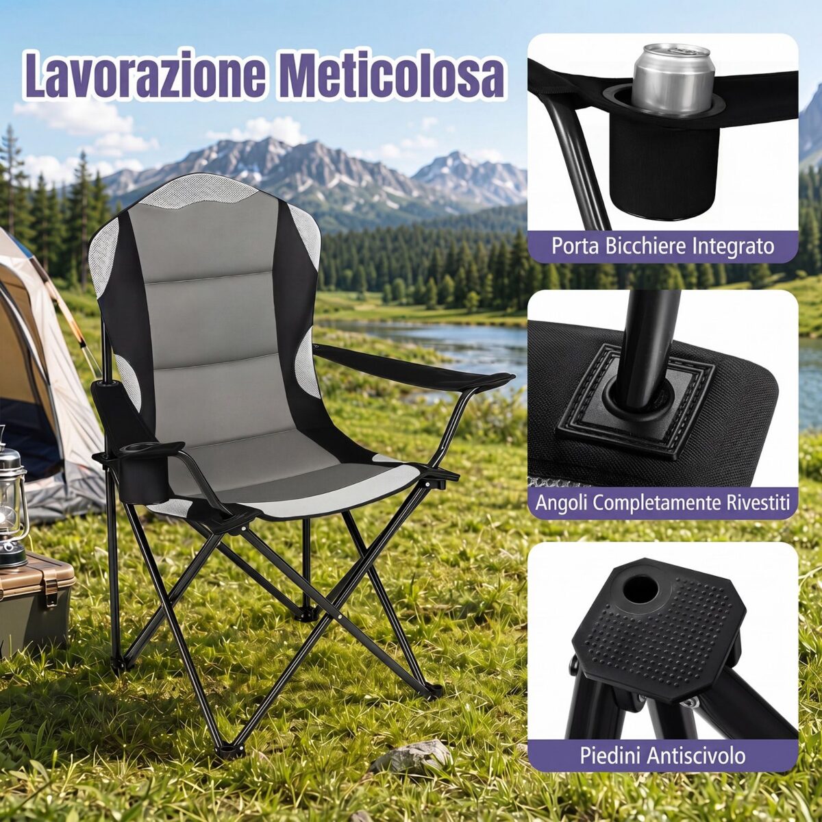 Costway Sedia da campeggio pieghevole metallo seduta ampia schienale alto, Regista portabicchiere borsa 150kg sport pesca picnic Nero 1 Pezzo - immagine 6