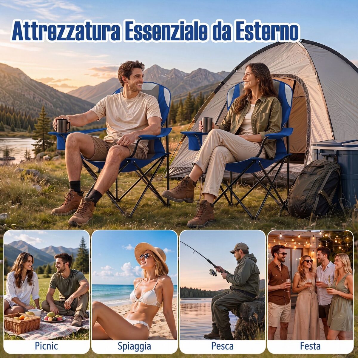 Costway Sedia da campeggio pieghevole metallo seduta ampia schienale alto, Regista portabicchiere borsa 150kg sport pesca picnic Blu 1 Pezzo - immagine 6