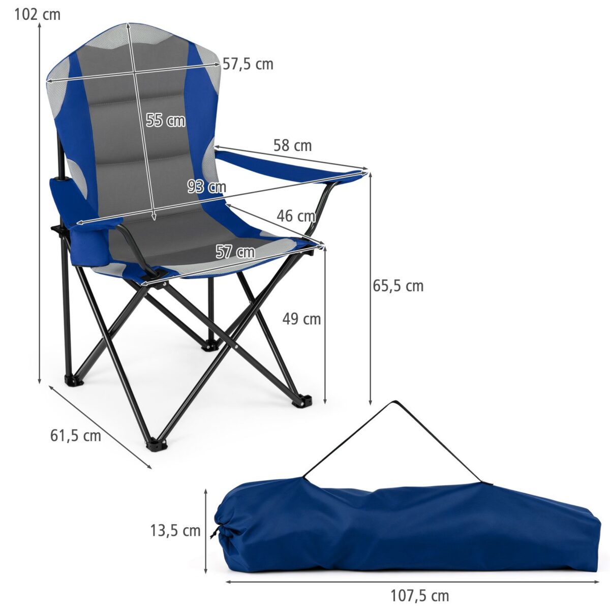 Costway Sedia da campeggio pieghevole metallo seduta ampia schienale alto, Regista portabicchiere borsa 150kg sport pesca picnic Blu 2 Pezzi - immagine 4