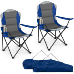 Costway Sedia da campeggio pieghevole metallo seduta ampia schienale alto, Regista portabicchiere borsa 150kg sport pesca picnic Blu 2 Pezzi