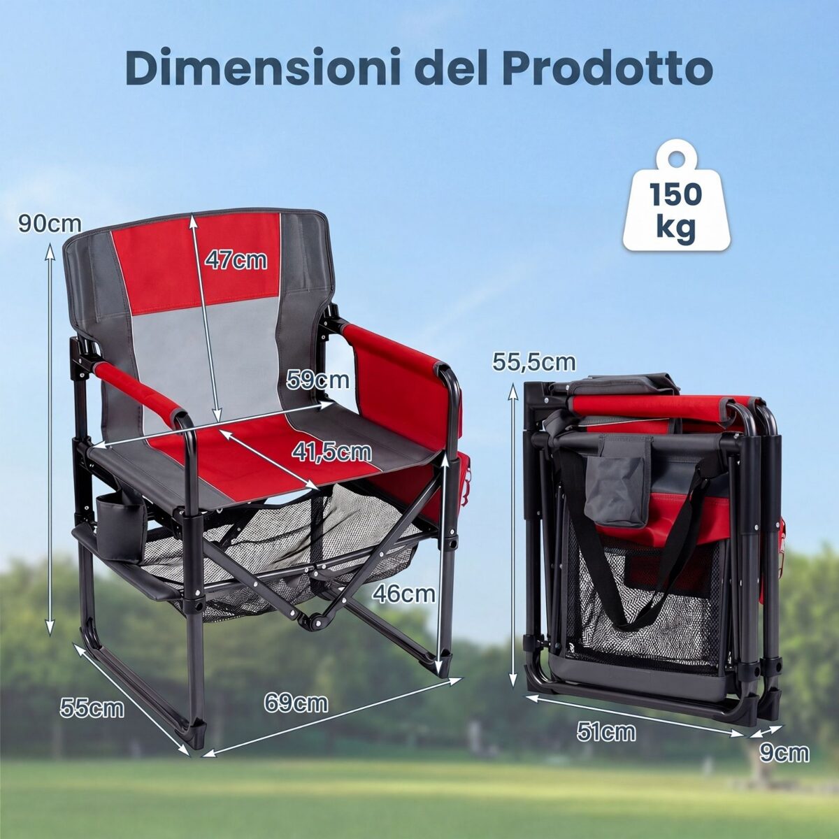 Costway Sedia da regista pieghevole con portabicchiere apribottiglie, sedia da campeggio in metallo tasca laterale e rete portaoggetti Rosso - immagine 7