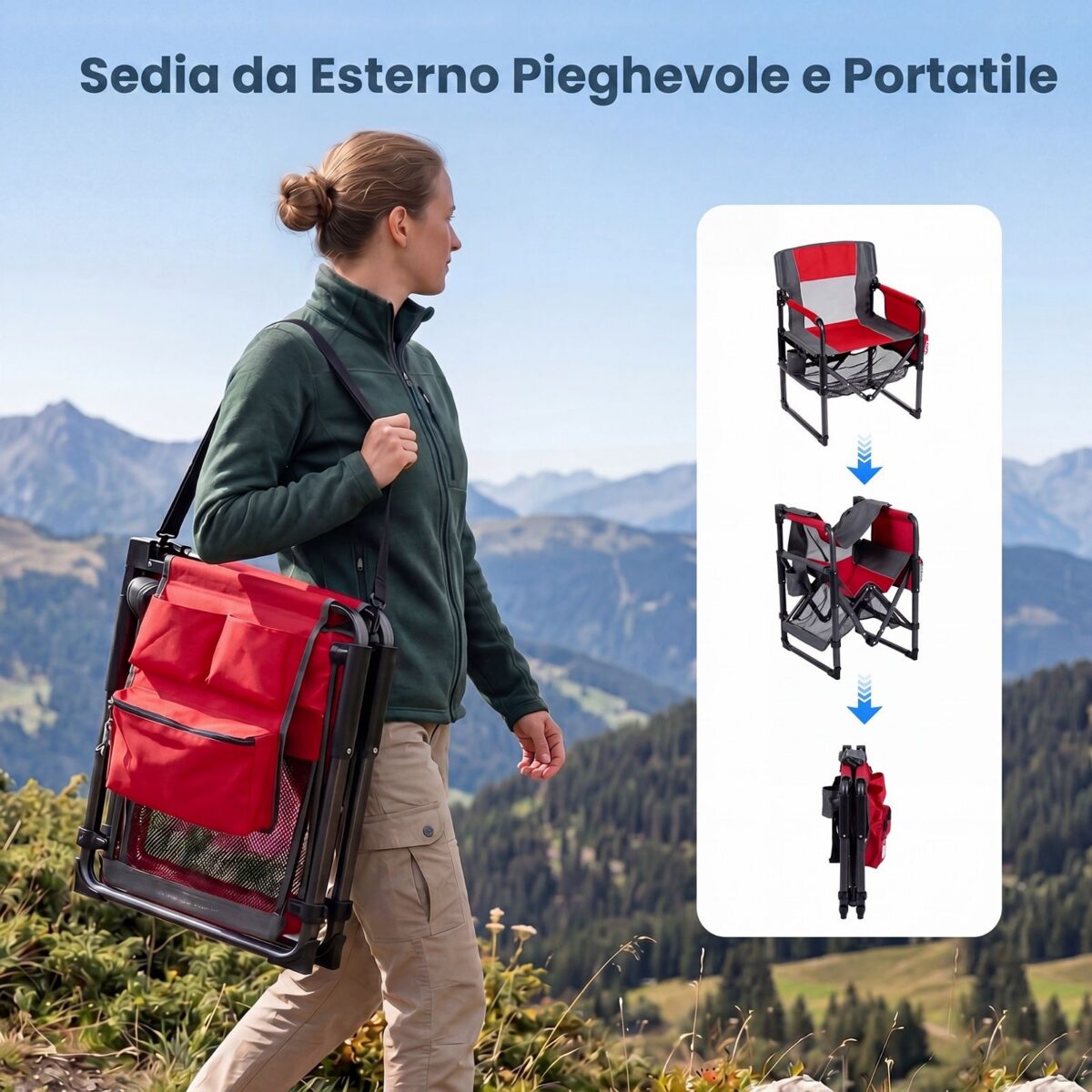 Costway Sedia da regista pieghevole con portabicchiere apribottiglie, sedia da campeggio in metallo tasca laterale e rete portaoggetti Rosso - immagine 10