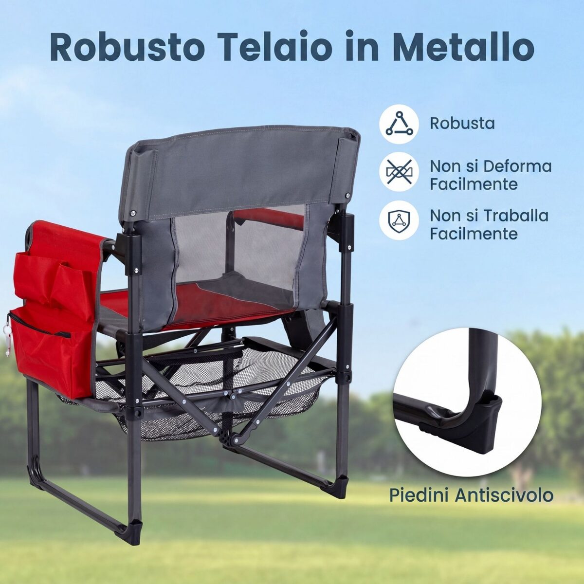 Costway Sedia da regista pieghevole con portabicchiere apribottiglie, sedia da campeggio in metallo tasca laterale e rete portaoggetti Rosso - immagine 9