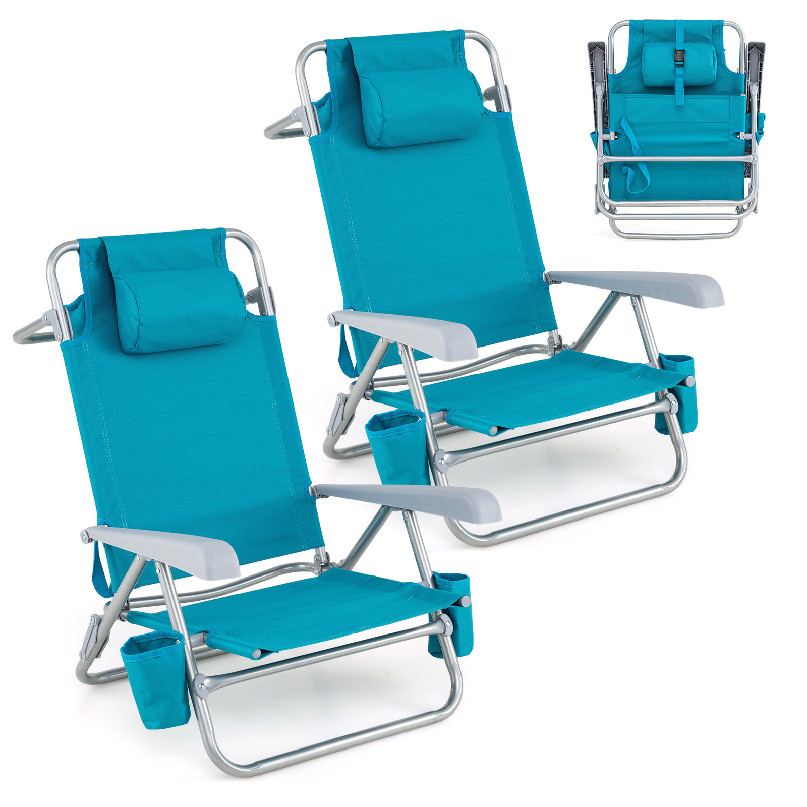Sedia-da-spiaggia-pieghevole-e-portatile-con-borsa-termica-portabicchieri-mediaId105188865-1784602929.jpg Costway Sedia da spiaggia pieghevole e portatile con borsa termica portabicchieri, Lettino prendisole con cuscino poggiatesta e portasciugamani - immagine 1
