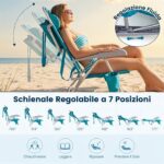Costway Sedia da spiaggia pieghevole e portatile con borsa termica portabicchieri, Lettino prendisole con cuscino poggiatesta e portasciugamani - immagine 8