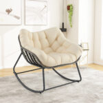 Costway Sedia per relax in rattan per interno con struttura in metallo robusto, Sedia a dondolo da esterno Beige - immagine 2