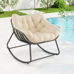 Costway Sedia per relax in rattan per interno con struttura in metallo robusto, Sedia a dondolo da esterno Beige - immagine 4