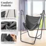 Costway Sedia sospesa con supporto in metallo con tasca laterale piedini antiscivolo, Dondolo sospesa con telaio per interno ed esterno Nero - immagine 9