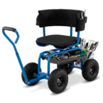 Costway Sedile da giardino con cuscino imbottito schienale avvolgente e vassoio porta attrezzi, Sgabello per giardinaggio girevole a 360° Blu