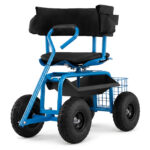 Costway Sedile da giardino con cuscino imbottito schienale avvolgente e vassoio porta attrezzi, Sgabello per giardinaggio girevole a 360° Blu - immagine 4