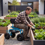 Costway Sedile da giardino con cuscino imbottito schienale avvolgente e vassoio porta attrezzi, Sgabello per giardinaggio girevole a 360° Blu - immagine 3