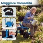 Costway Sedile da giardino con cuscino imbottito schienale avvolgente e vassoio porta attrezzi, Sgabello per giardinaggio girevole a 360° Blu - immagine 7
