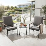 Costway Set 3 pz giardino tavolo vetro temperato effetto acqua, Sedie braccioli cuscini morbidi bistro balcone cortile terrazza - immagine 3