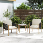 Costway Set bistro da esterno 3 pezzi con corde intrecciate e cuscini, Tavolo e sedie per patio balcone terrazza e giardino Beige - immagine 3