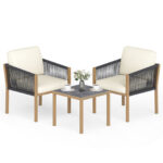 Costway Set bistro da esterno 3 pezzi con corde intrecciate e cuscini, Tavolo e sedie per patio balcone terrazza e giardino Beige