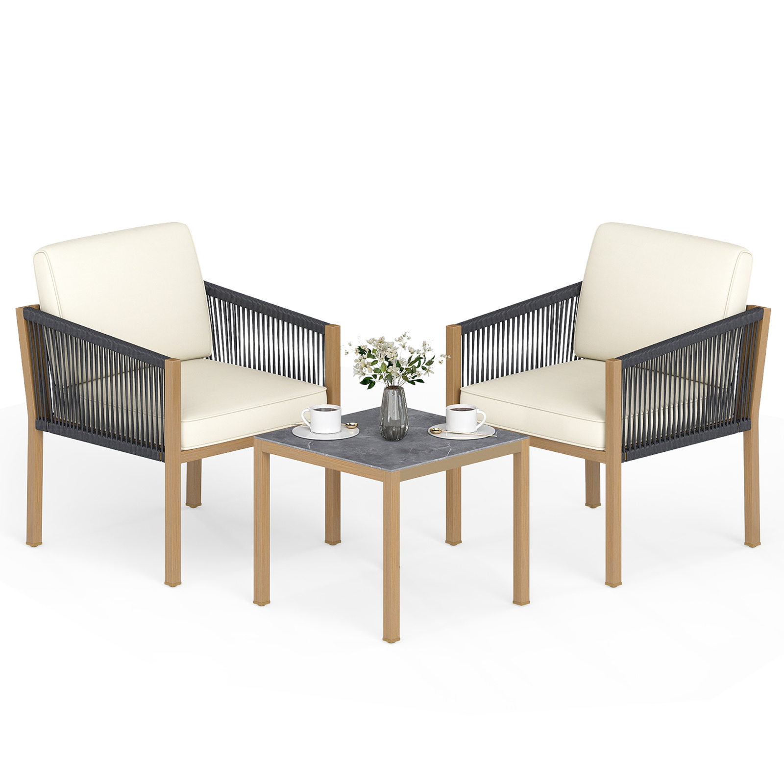 Set-bistro-da-esterno-3-pezzi-con-corde-intrecciate-e-cuscini-mediaId103796031-1775635111.jpg Costway Set bistro da esterno 3 pezzi con corde intrecciate e cuscini, Tavolo e sedie per patio balcone terrazza e giardino Beige - immagine 1