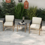 Costway Set bistro da esterno 3 pezzi con corde intrecciate e cuscini, Tavolo e sedie per patio balcone terrazza e giardino Beige - immagine 4