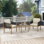 Costway Set bistro da esterno 3 pezzi con corde intrecciate e cuscini, Tavolo e sedie per patio balcone terrazza e giardino Beige - immagine 2