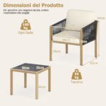 Costway Set bistro da esterno 3 pezzi con corde intrecciate e cuscini, Tavolo e sedie per patio balcone terrazza e giardino Beige - immagine 8
