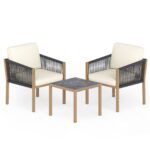 Costway Set bistro da esterno 3 pezzi con corde intrecciate e cuscini, Tavolo e sedie per patio balcone terrazza e giardino Beige - immagine 5