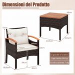 Costway Set bistro patio 3 pezzi con piano in legno di acacia e braccioli, Set di sedie da esterno con cuscini per giardino veranda Bianco - immagine 6