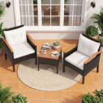 Costway Set bistro patio 3 pezzi con piano in legno di acacia e braccioli, Set di sedie da esterno con cuscini per giardino veranda Bianco - immagine 4